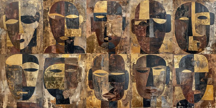 Masques tribaux abstraits en dix panneaux dans les tons de terre et d'or par Digatelier