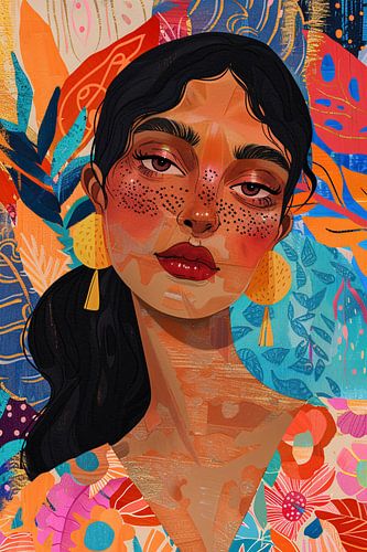 Kleurrijk portret van een vrouw met bloemen en abstracte vormen