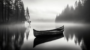 Schwarz-Weiß-Bild mit See und Holzboot im Nebel mit hohen Bäumen im Hintergrund