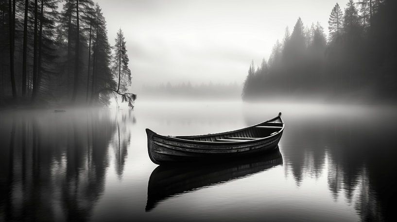 Schwarz-Weiß-Bild mit See und Holzboot im Nebel mit hohen Bäumen im Hintergrund von Animaflora PicsStock