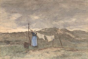 Frau an einer Wäscheleine in den Dünen, Anton Mauve
