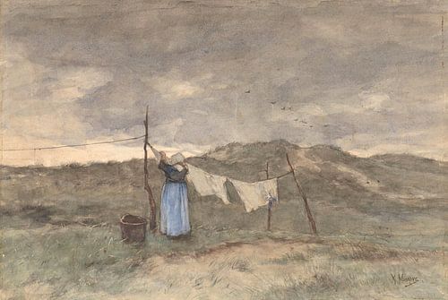 Vrouw bij een waslijn in de duinen, Anton Mauve