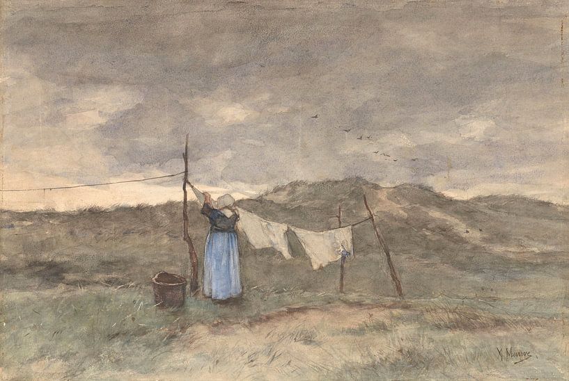 Frau an einer Wäscheleine in den Dünen, Anton Mauve von Meesterlijcke Meesters