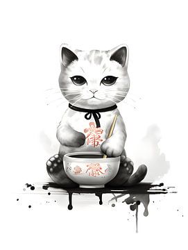 Chinese lucky cat eats noodles by Moody Mindscape