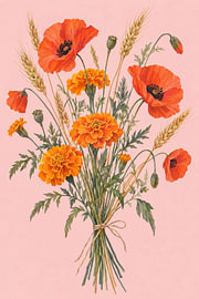 Coquelicots, soucis et épis de blé sur fond rose sur Albert Klee