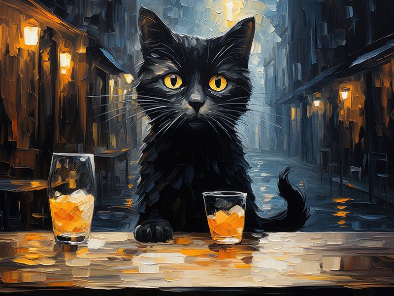 Black cat and café at night, inspired by Van Gogh by Erika Kaisersot