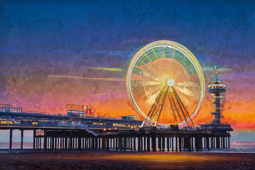 Art côtier néerlandais - Jetée de Scheveningen et grande roue au coucher du soleil par Arjen Roos