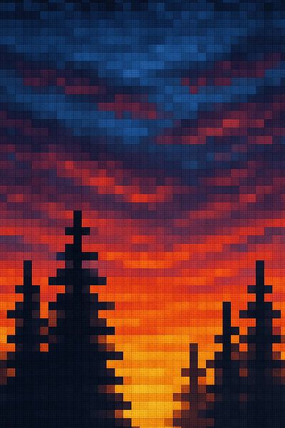 Pixel Sunset Serenity – Vibrant Landscape Wall Art by RavenC Store