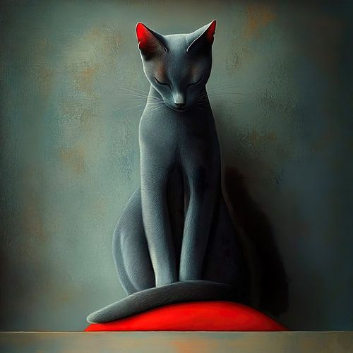 Grijze kat op rood kussentje