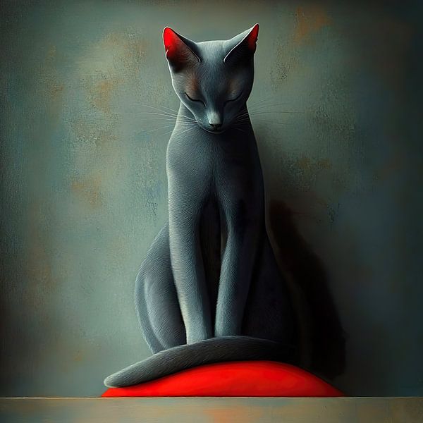 Graue Katze auf rotem Kissen von Lauri Creates