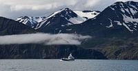 Vissersboot met IJslandse bergen