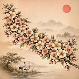 Blossom over Still Water - japandi landscape with cranes by Kleurenrijk