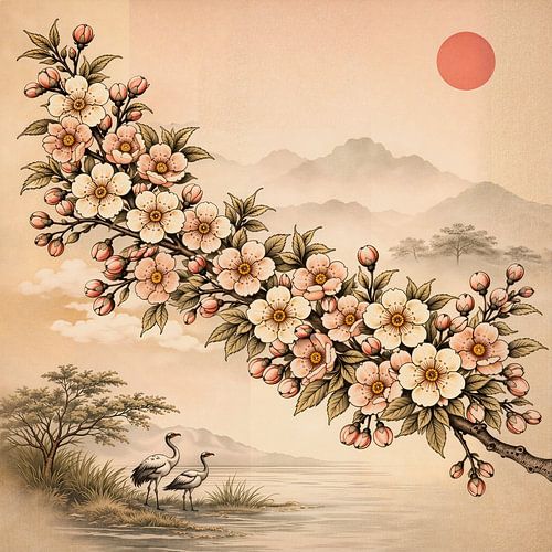 Bloesem over Stil Water – japandi landschap met kraanvogels
