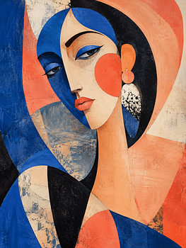 Abstract Woman Portrait in Bold Blue, Coral and Black Geometric Forms