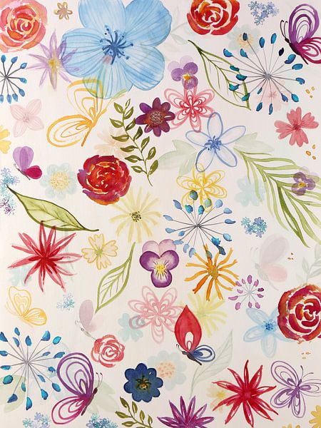 Bunte Sammlung von Blumen und Schmetterlingen (fröhliche Aquarellmalerei Pflanze Natur Rosen Blätter von Natalie Bruns