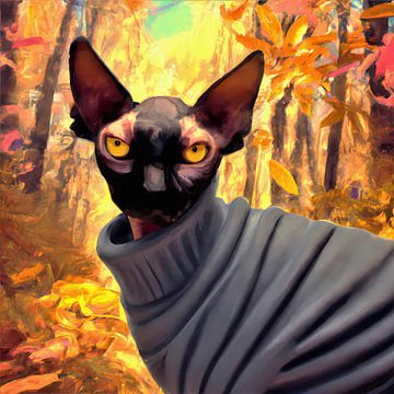 Sphinx kat met kol trui in een herfstbos warme kleuren van Maud De Vries