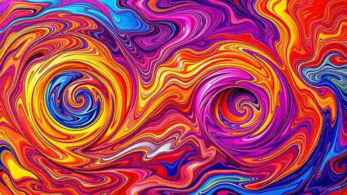 Abstracte kunst in de vorm van kleuren in een rivier - twee wervelingen ontmoeten elkaar in de grenzeloze ruimte van de regenboog