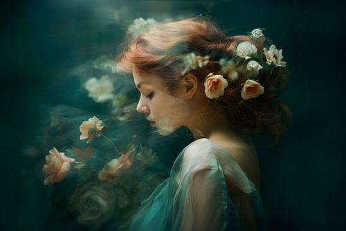 Portret van een Vrouw met Bloemen in Haar, Romantisch en Dromerig