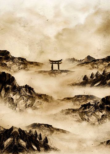 Vintage Sumi E Torii landschap