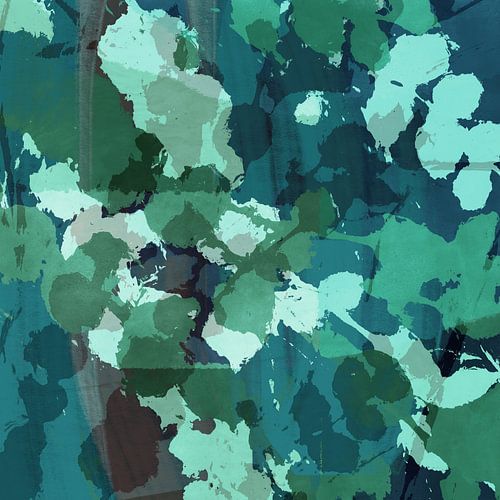 Abstract botanisch. Bloesem in groen, blauw en wit.