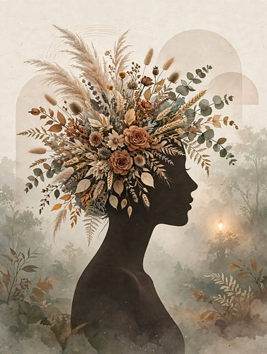 A modern silhouette featuring dried flowers and arches