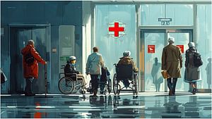 Hall d'entrée d'un hôpital avec des personnes attendant l'entrée