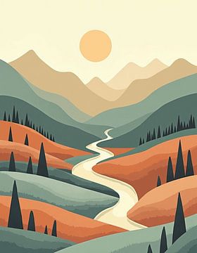 Winding River Through Serene Mountain Valley Landscape by Artistic