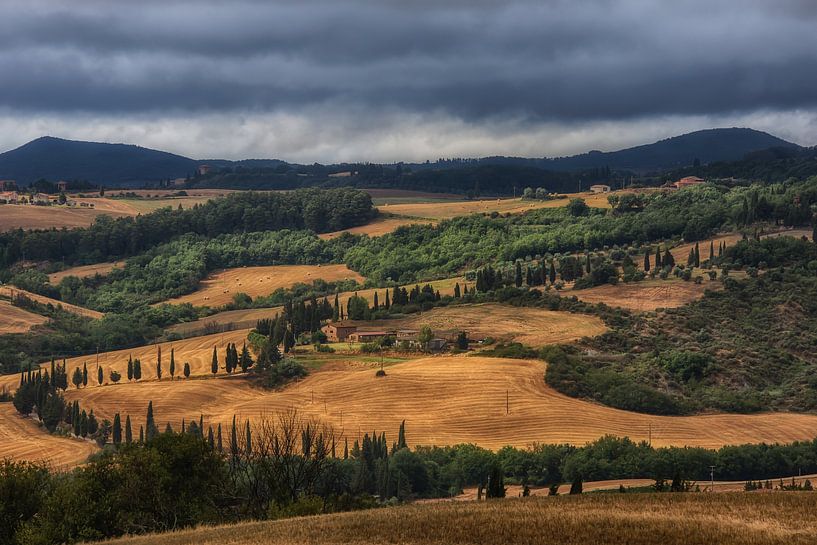 Vue de Monticchiello - Collines toscanes sous un ciel menaçant par Frank van Es