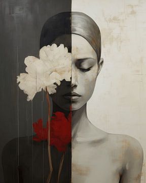Portrait d'art contemporain en noir, blanc et rouge sur Carla Van Iersel