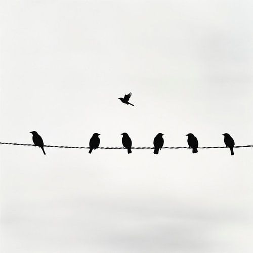 Vogels in de lucht en op de draad