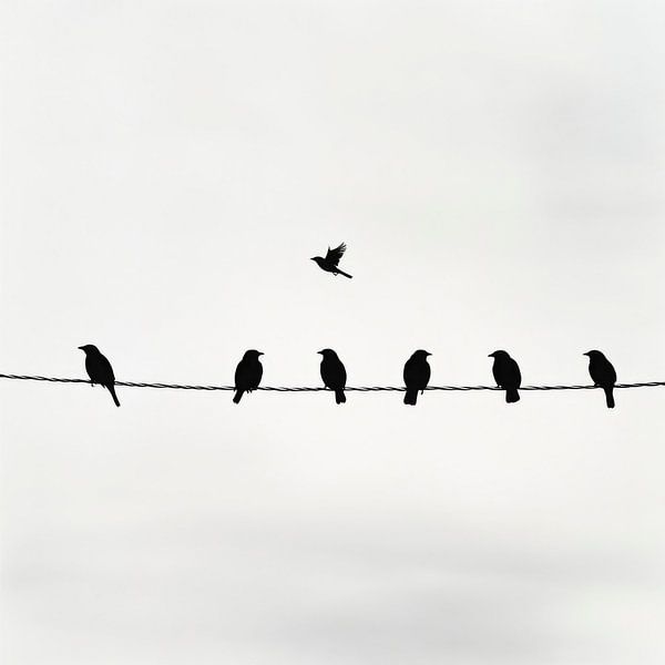 Vogels in de lucht en op de draad van Poster Art Shop