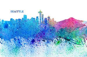 Seattle Washington Skyline Silhouette Impressionistisch van Markus Bleichner