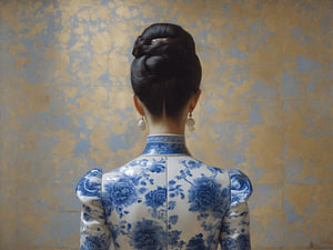 Porträt einer Dame in einem delfterblauen Kleid