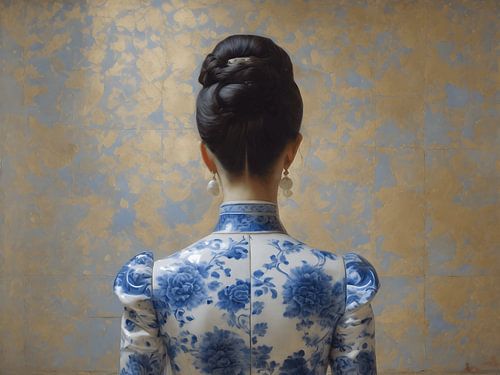 Portrait d'une dame vêtue d'une robe bleu delft