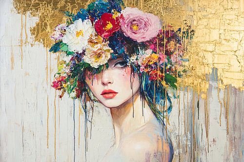 Femme avec une guirlande de fleurs colorées
