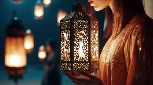 Moslimvrouw met verlichte lantaarn