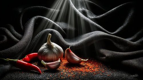 rode pepers - knoflook - limoen - citroen op een zwarte achtergrond met dramatisch licht