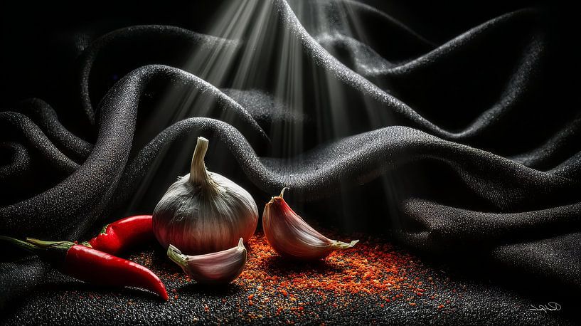 red peppers - garlic - lime - lemon on a black background with dramatic light by Gelissen Artworks