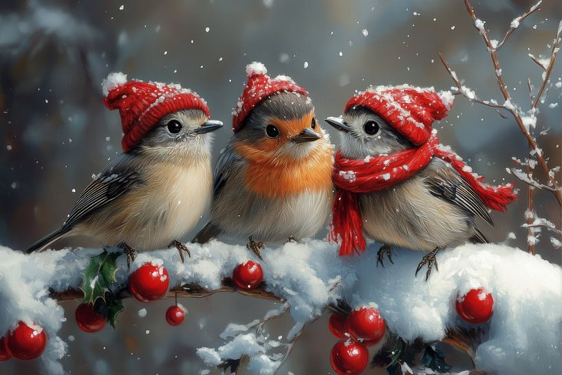 Wintervögel in Rot - Vögel - niedlich von Eva Lee