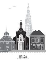 Illustration de la ligne d'horizon de la ville de Breda (noir-blanc-gris)