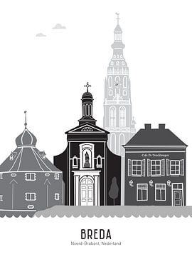 Skyline illustratie stad Breda zwart-wit-grijs van Mevrouw Emmer
