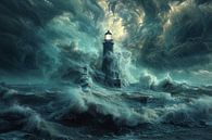 Dramatische vuurtorenscène in een storm met bliksem van Poster Art Shop thumbnail