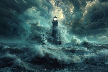 Dramatische vuurtorenscène in een storm met bliksem van Poster Art Shop
