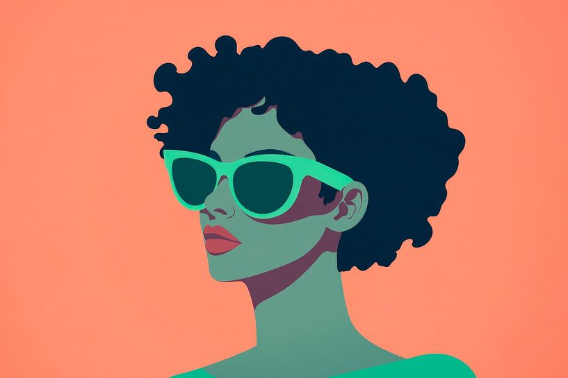 Vrouw met krullend haar en zonnebril van Poster Art Shop