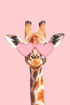Giraffe with heart-shaped glasses against a pink background by Poster Art Shop