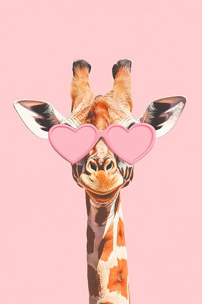 Giraffe with heart-shaped glasses against a pink background by Poster Art Shop