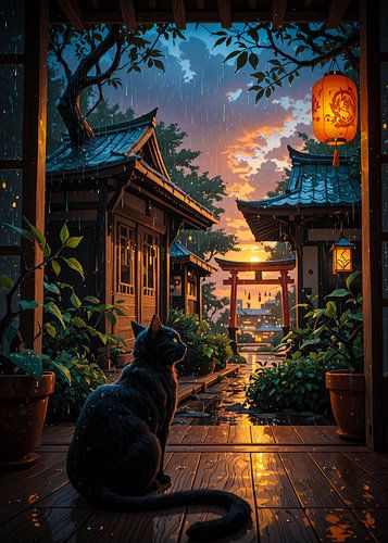 Katze bewacht Torii-Tor bei Sonnenuntergang im Regen