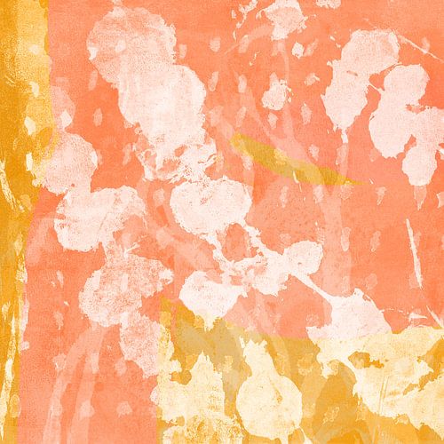 Bloesem in perzik, koraal, geel en wit. Abstract botanisch.