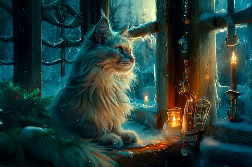 White mystical cat at the winter window - candlelight magic