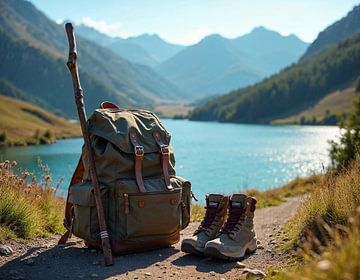 A rucksack, hiking boots and a walking stick. by Rüdiger Rebmann